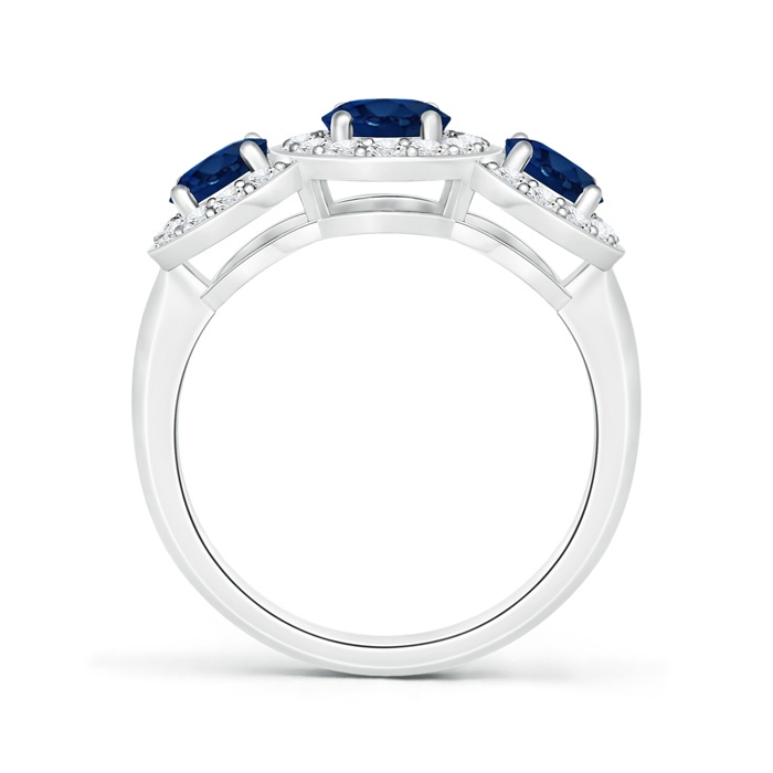 7x5mm AA Classic Three Stone Blue Sapphire Ring with Diamond Halo in White Gold product image