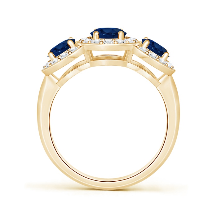 7x5mm AA Classic Three Stone Blue Sapphire Ring with Diamond Halo in Yellow Gold product image