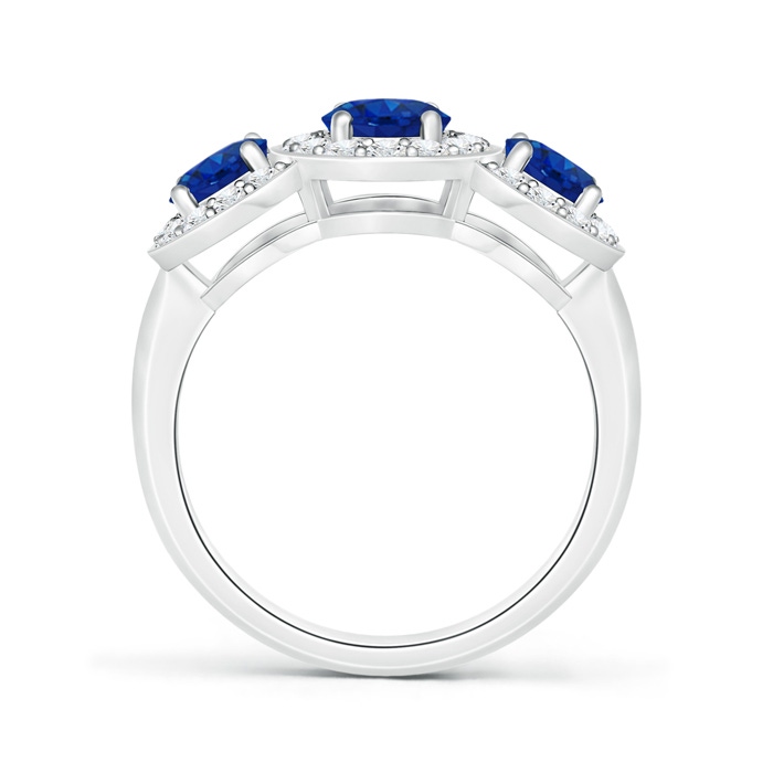 7x5mm AAA Classic Three Stone Blue Sapphire Ring with Diamond Halo in P950 Platinum product image
