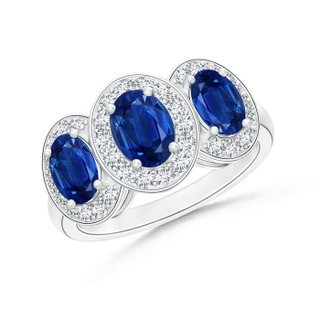 7x5mm AAA Classic Three Stone Blue Sapphire Ring with Diamond Halo in White Gold