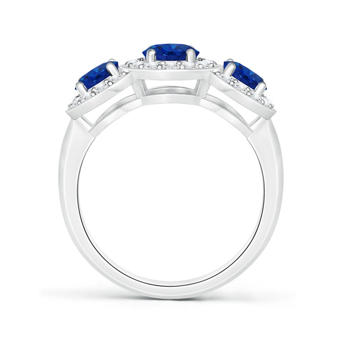 7x5mm AAA Classic Three Stone Blue Sapphire Ring with Diamond Halo in White Gold Product Image