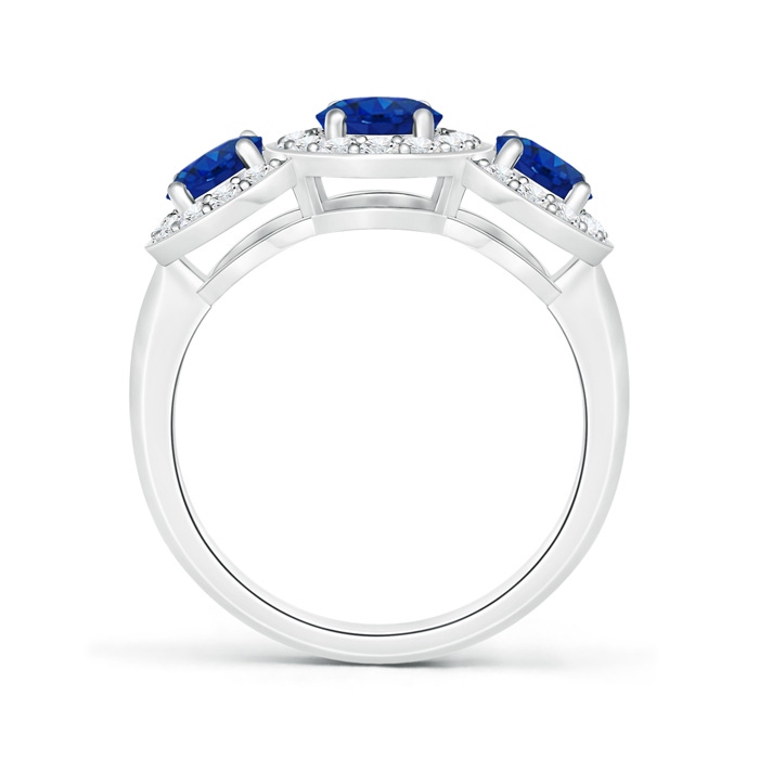 7x5mm AAA Classic Three Stone Blue Sapphire Ring with Diamond Halo in White Gold product image