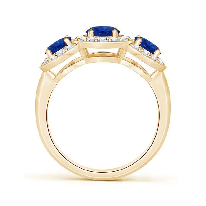 7x5mm AAA Classic Three Stone Blue Sapphire Ring with Diamond Halo in Yellow Gold product image