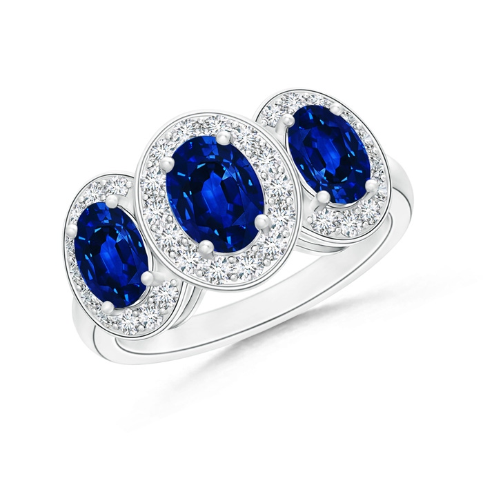 7x5mm Lab-Grown Classic Three Stone Blue Sapphire Ring with Diamond Halo in White Gold