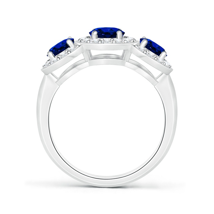 7x5mm Lab-Grown Classic Three Stone Blue Sapphire Ring with Diamond Halo in White Gold product image