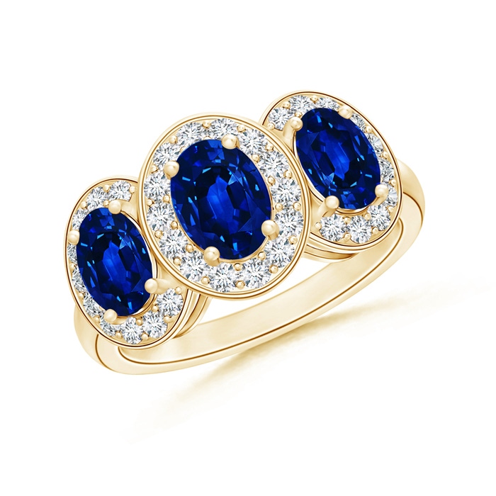 7x5mm AAAA Classic Three Stone Blue Sapphire Ring with Diamond Halo in Yellow Gold