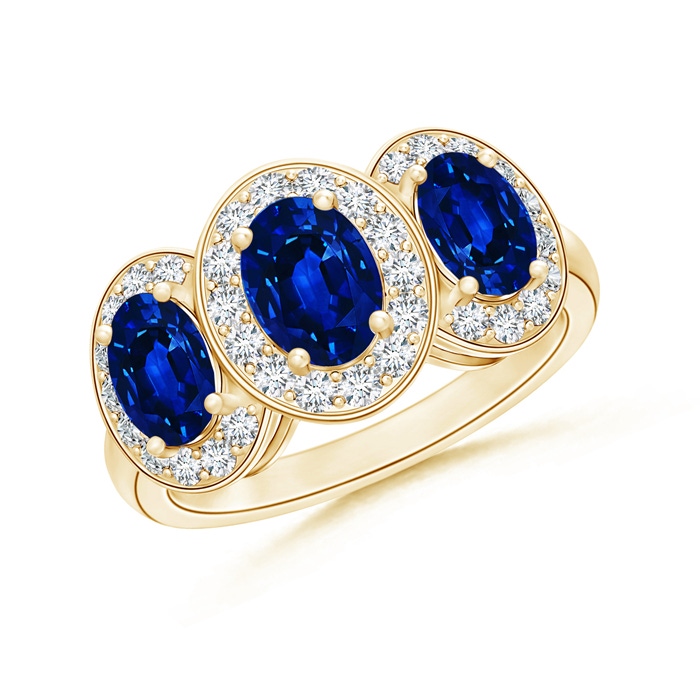 7x5mm AAAA Classic Three Stone Blue Sapphire Ring with Diamond Halo in Yellow Gold 