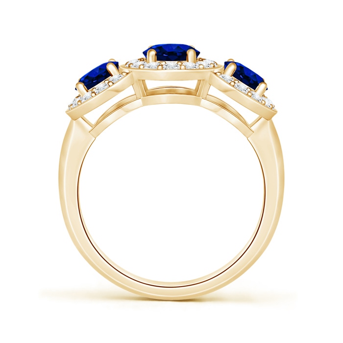 7x5mm AAAA Classic Three Stone Blue Sapphire Ring with Diamond Halo in Yellow Gold Product Image