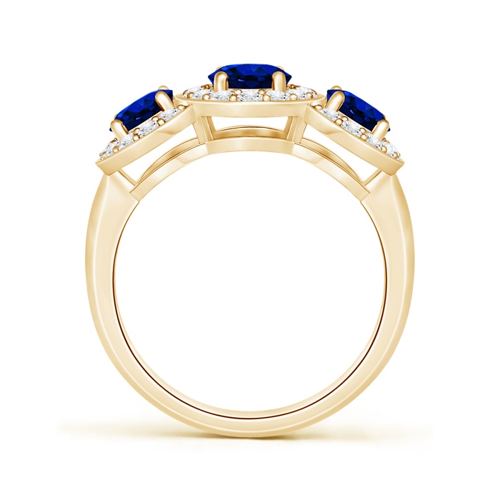 7x5mm AAAA Classic Three Stone Blue Sapphire Ring with Diamond Halo in Yellow Gold product image