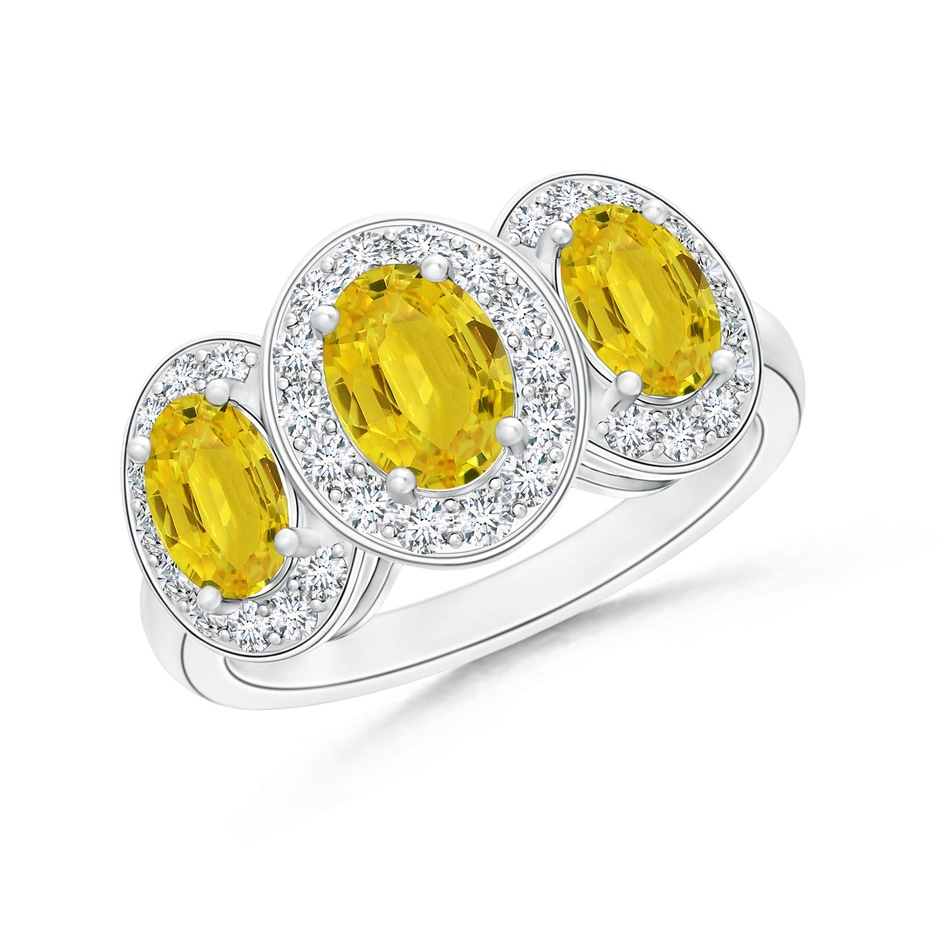 7x5mm AAA Classic Three Stone Yellow Sapphire Ring with Diamond Halo in White Gold 