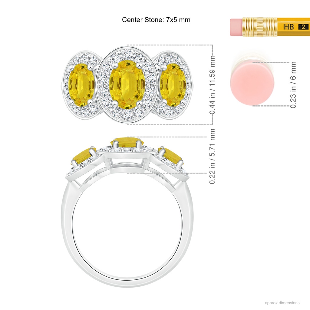 7x5mm AAA Classic Three Stone Yellow Sapphire Ring with Diamond Halo in White Gold Ruler