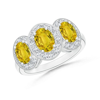 7x5mm AAAA Classic Three Stone Yellow Sapphire Ring with Diamond Halo in P950 Platinum