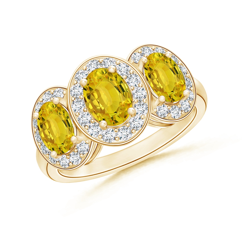 7x5mm AAAA Classic Three Stone Yellow Sapphire Ring with Diamond Halo in Yellow Gold