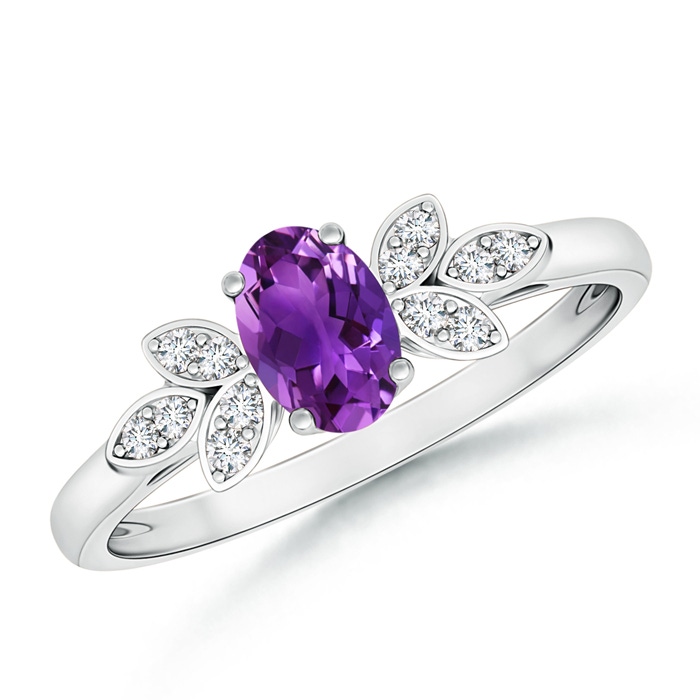 6x4mm AAAA Vintage Style Oval Amethyst Ring with Diamond Accents in White Gold