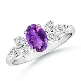 7x5mm AAA Vintage Style Oval Amethyst Ring with Diamond Accents in White Gold