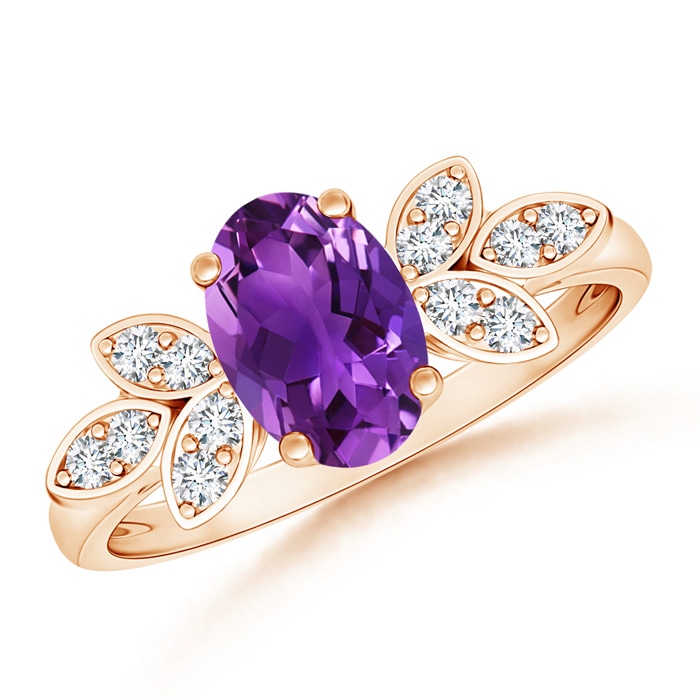 8x6mm AAAA Vintage Style Oval Amethyst Ring with Diamond Accents in Rose Gold 