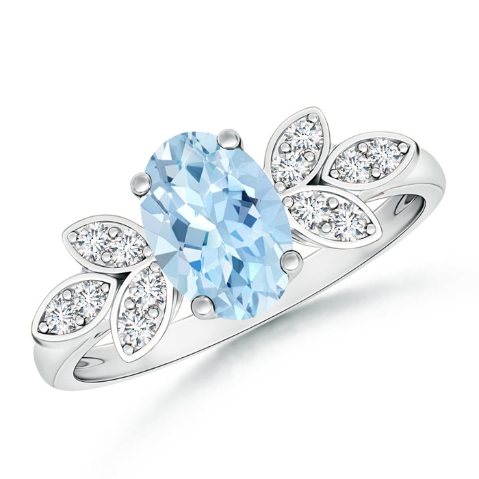 8x6mm AAA Vintage Style Oval Aquamarine Ring with Diamond Accents in White Gold