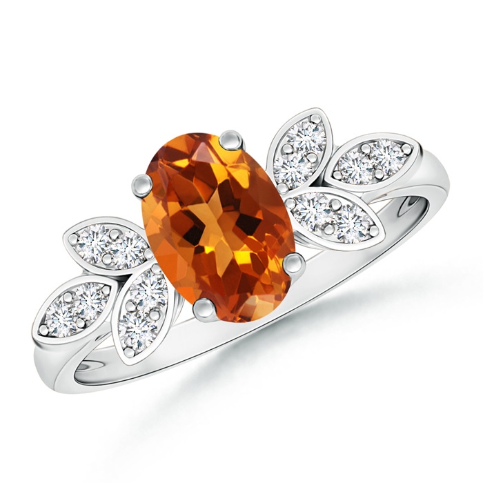 8x6mm AAAA Vintage Style Oval Citrine Ring with Diamond Accents in White Gold