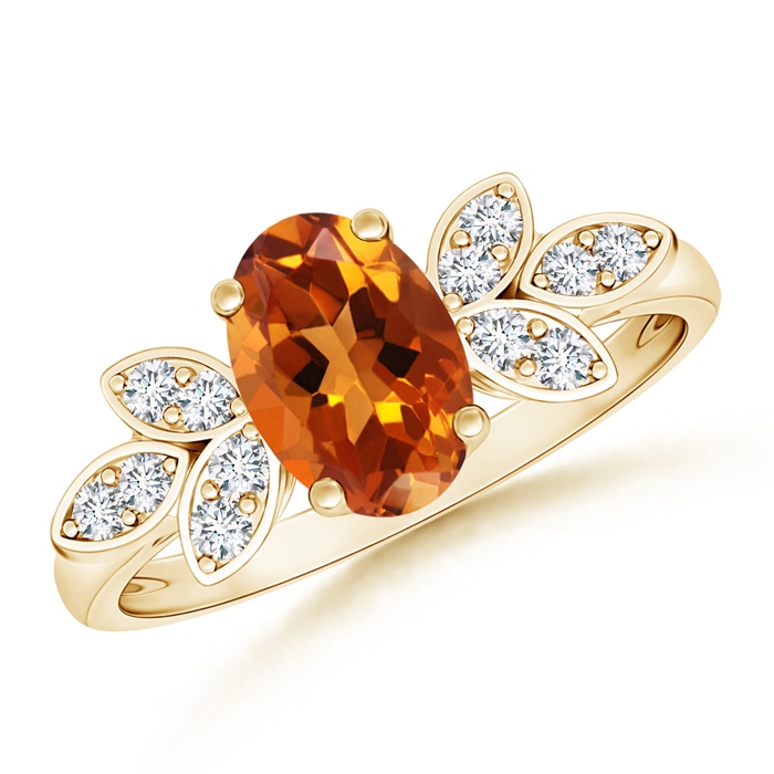 8x6mm AAAA Vintage Style Oval Citrine Ring with Diamond Accents in Yellow Gold 