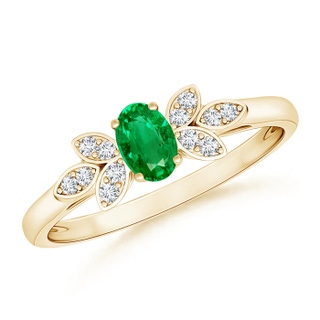 5x3mm AAA Vintage Style Oval Emerald Ring with Diamond Accents in Yellow Gold