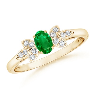 5x3mm AAAA Vintage Style Oval Emerald Ring with Diamond Accents in Yellow Gold