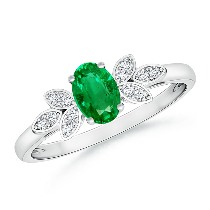 6x4mm AAA Vintage Style Oval Emerald Ring with Diamond Accents in White Gold 