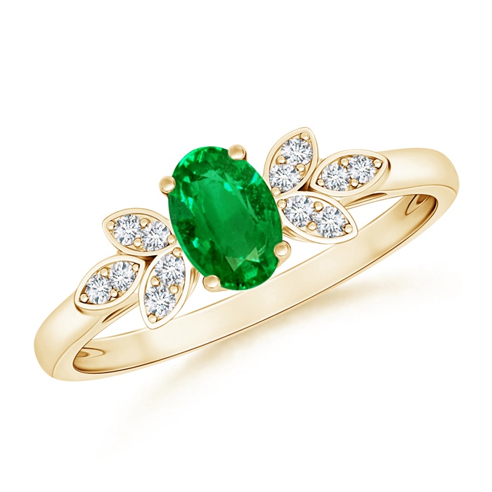 6x4mm AAAA Vintage Style Oval Emerald Ring with Diamond Accents in Yellow Gold 