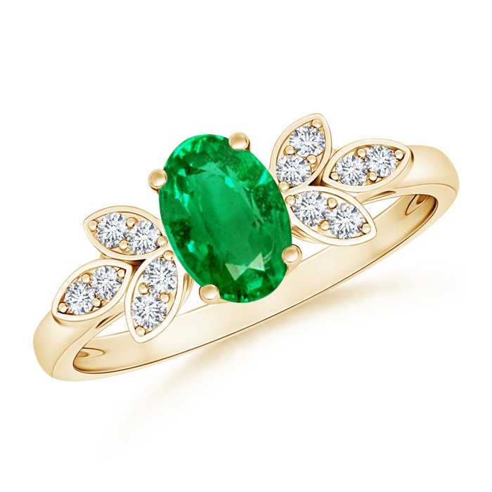 7x5mm AAA Vintage Style Oval Emerald Ring with Diamond Accents in Yellow Gold 