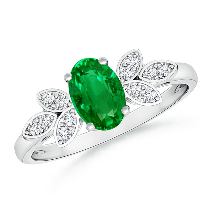 7x5mm AAAA Vintage Style Oval Emerald Ring with Diamond Accents in White Gold 