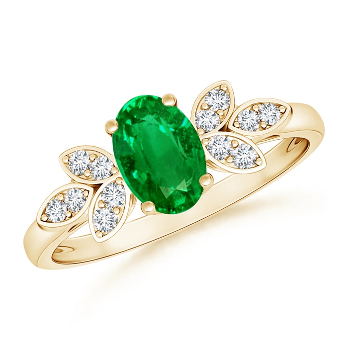 7x5mm AAAA Vintage Style Oval Emerald Ring with Diamond Accents in Yellow Gold 