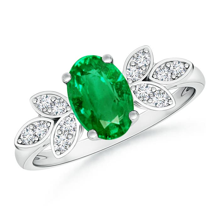 8x6mm AAA Vintage Style Oval Emerald Ring with Diamond Accents in P950 Platinum