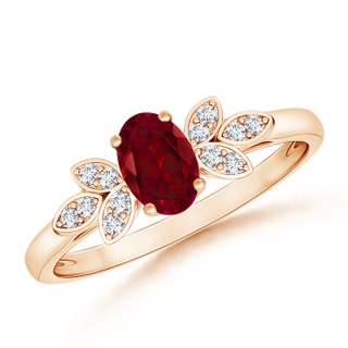 6x4mm AAA Vintage Style Oval Garnet Ring with Diamond Accents in 9K Rose Gold