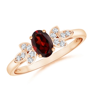 6x4mm AAA Vintage Style Oval Garnet Ring with Diamond Accents in Rose Gold