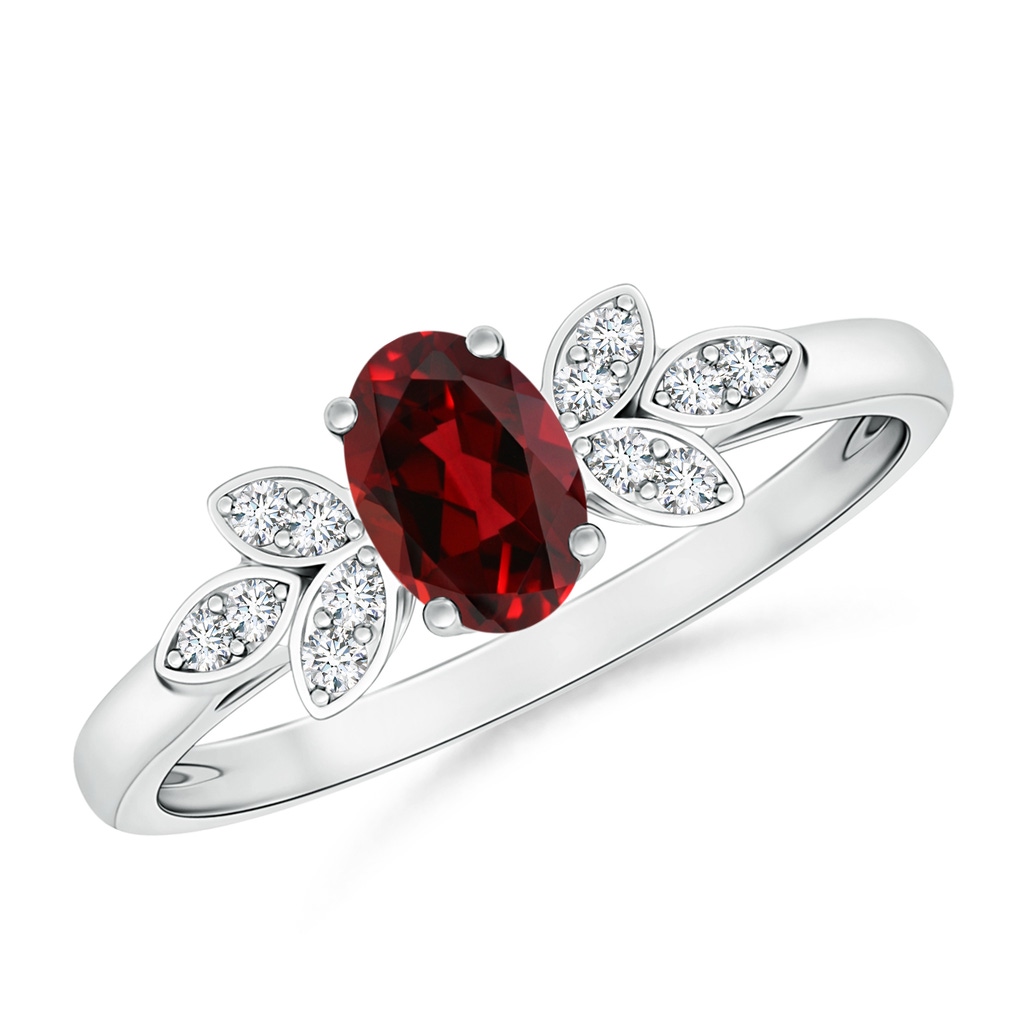 6x4mm AAAA Vintage Style Oval Garnet Ring with Diamond Accents in P950 Platinum