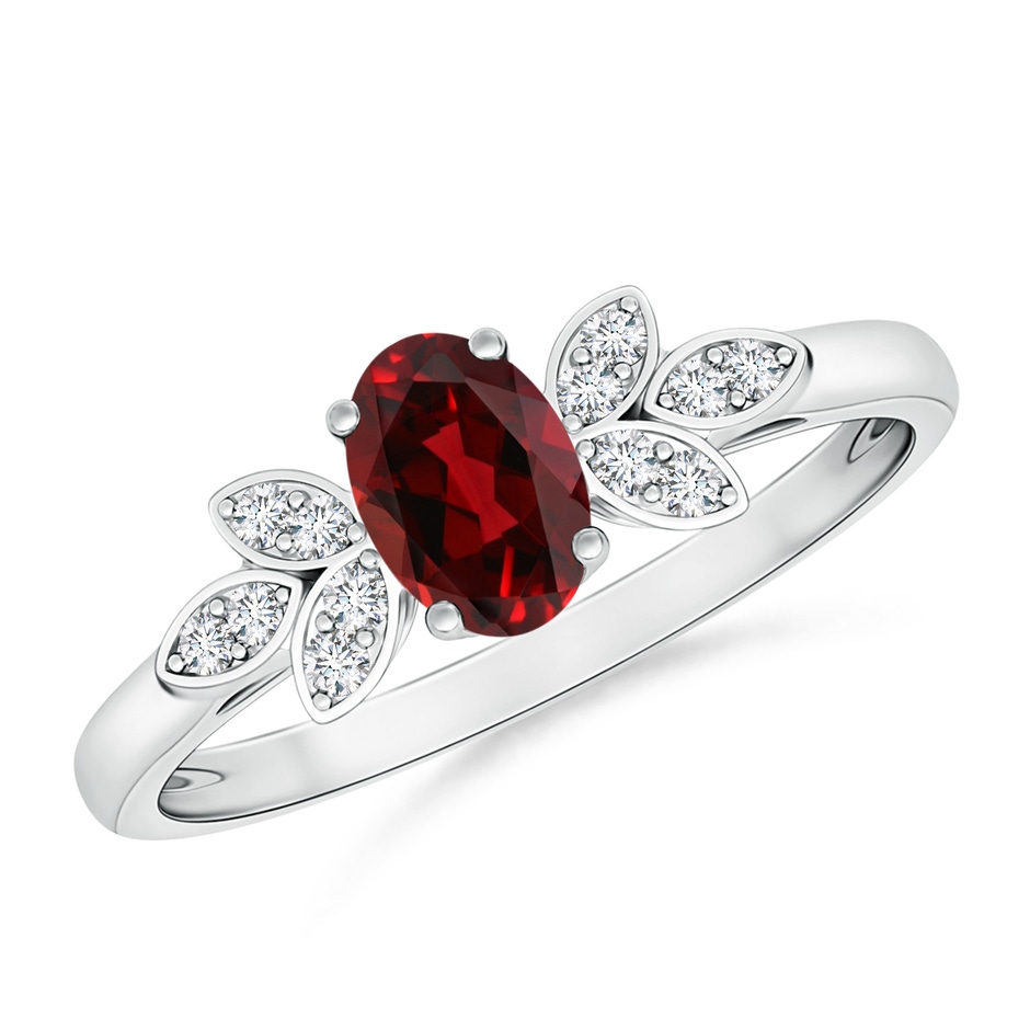 6x4mm AAAA Vintage Style Oval Garnet Ring with Diamond Accents in White Gold 