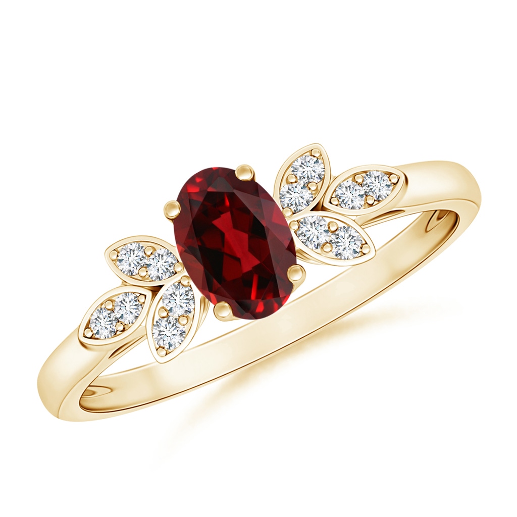 6x4mm AAAA Vintage Style Oval Garnet Ring with Diamond Accents in Yellow Gold