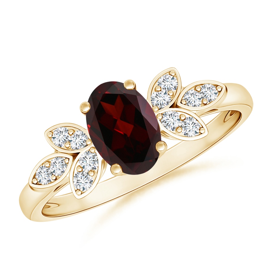 7x5mm A Vintage Style Oval Garnet Ring with Diamond Accents in Yellow Gold 