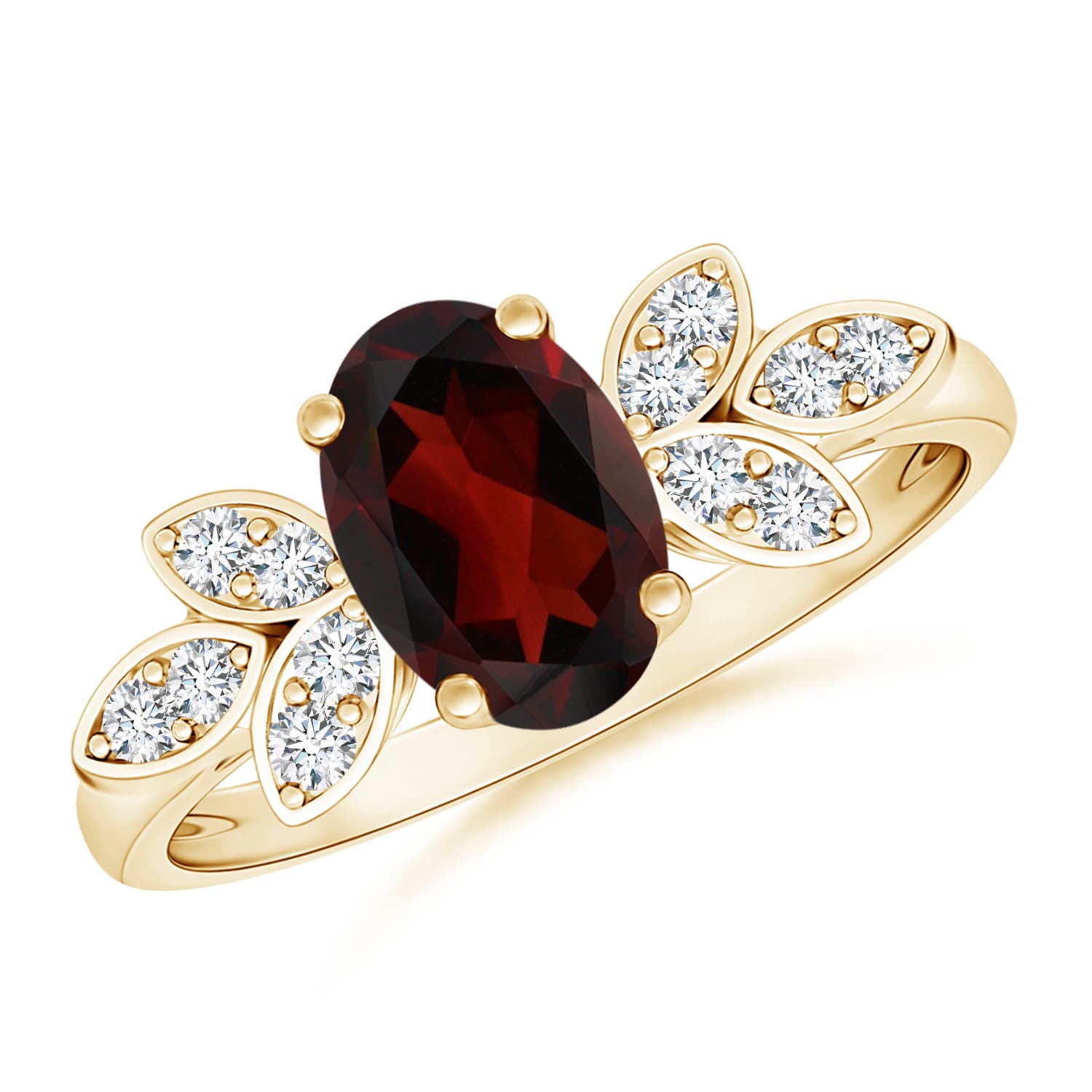 8x6mm AA Vintage Style Oval Garnet Ring with Diamond Accents in Yellow Gold