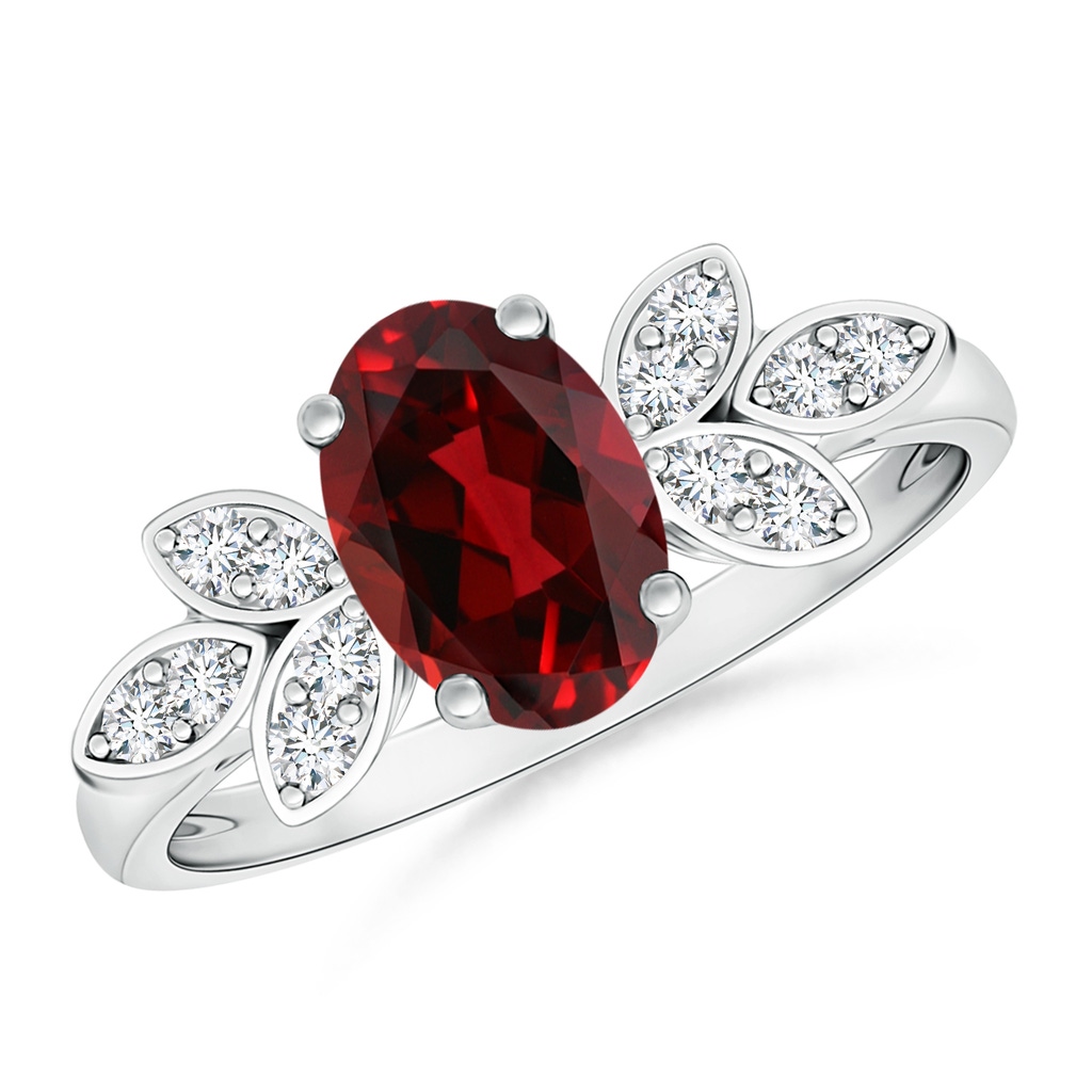 8x6mm AAAA Vintage Style Oval Garnet Ring with Diamond Accents in White Gold