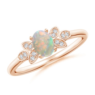 6x4mm AAAA Vintage Style Oval Opal Ring with Diamond Accents in 9K Rose Gold