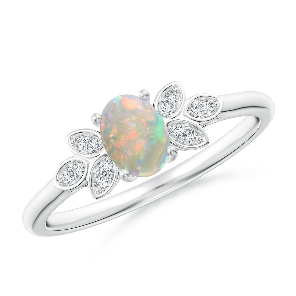 6x4mm AAAA Vintage Style Oval Opal Ring with Diamond Accents in White Gold