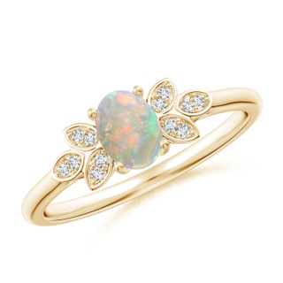6x4mm AAAA Vintage Style Oval Opal Ring with Diamond Accents in Yellow Gold