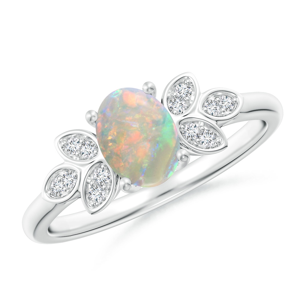 7x5mm AAAA Vintage Style Oval Opal Ring with Diamond Accents in 10K White Gold