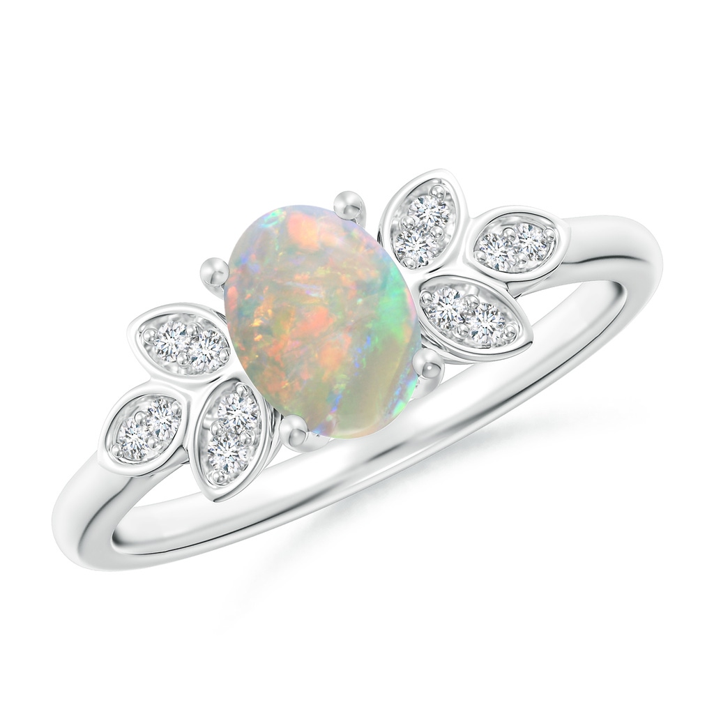 7x5mm AAAA Vintage Style Oval Opal Ring with Diamond Accents in White Gold