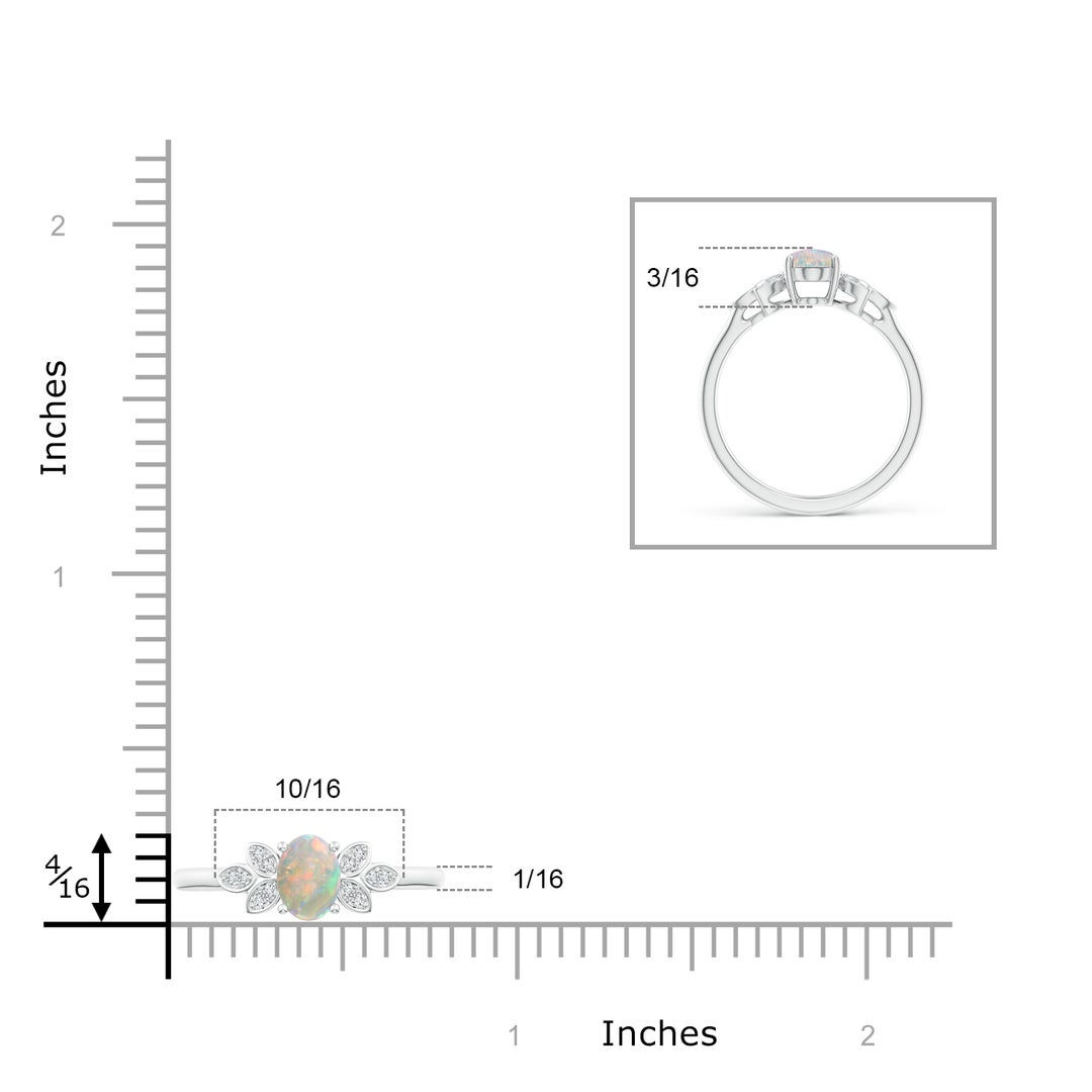 7x5mm AAAA Vintage Style Oval Opal Ring with Diamond Accents in White Gold - ruler