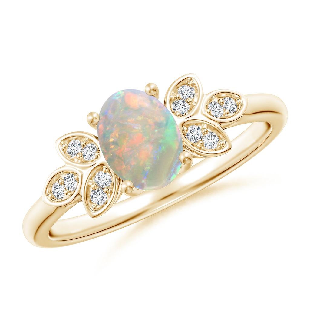 7x5mm AAAA Vintage Style Oval Opal Ring with Diamond Accents in Yellow Gold