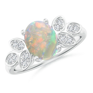 9x7mm AAAA Vintage Style Oval Opal Ring with Diamond Accents in P950 Platinum