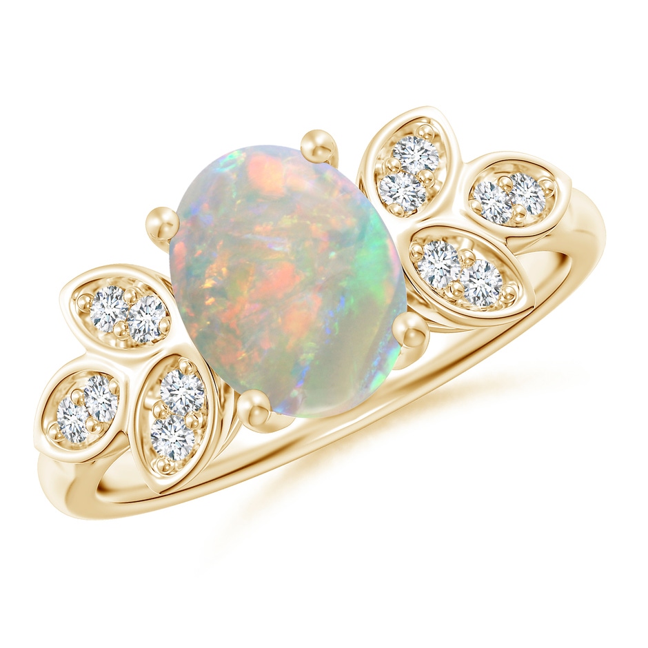 9x7mm AAAA Vintage Style Oval Opal Ring with Diamond Accents in Yellow Gold 