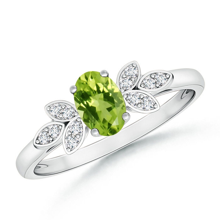 6x4mm AAA Vintage Style Oval Peridot Ring with Diamond Accents in P950 Platinum