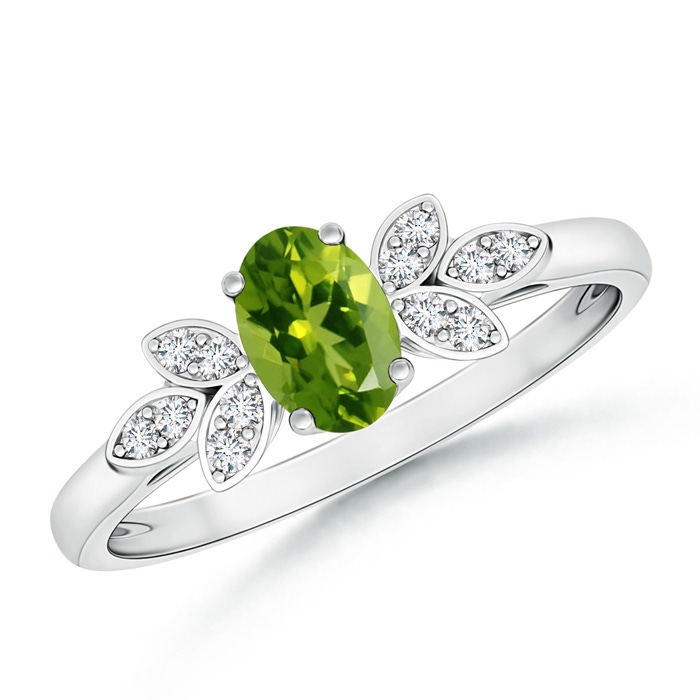 6x4mm AAAA Vintage Style Oval Peridot Ring with Diamond Accents in P950 Platinum